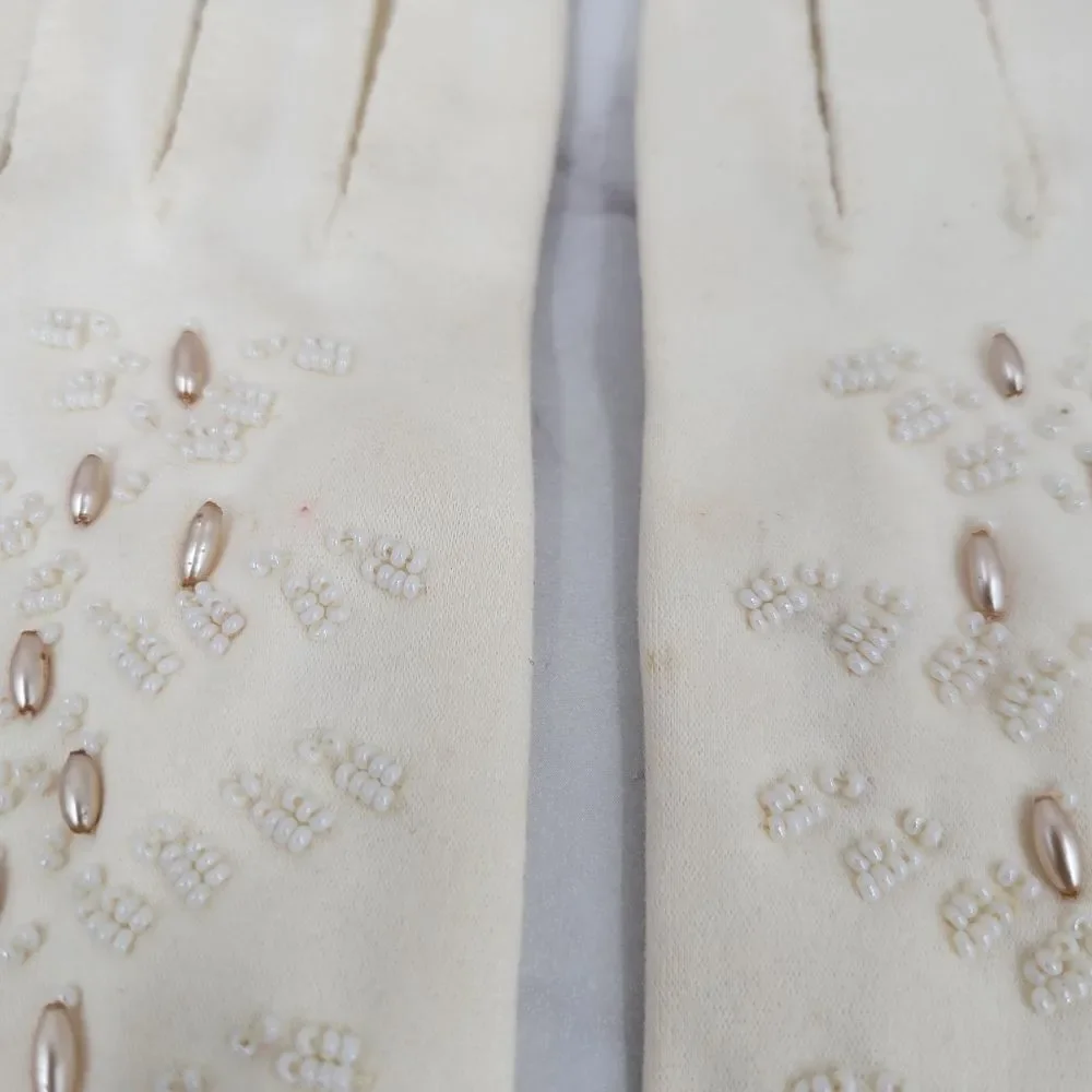 Vintage 50s English Cotton Beaded Evening Dress Formal Gloves